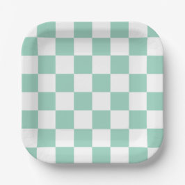 White & Teal Checkerboard Paper Plates Papieren Bordje