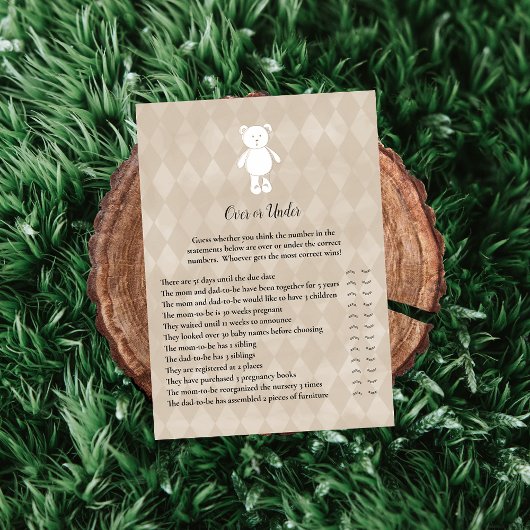 White Teddy Bear onder Baby shower Game Kaart
