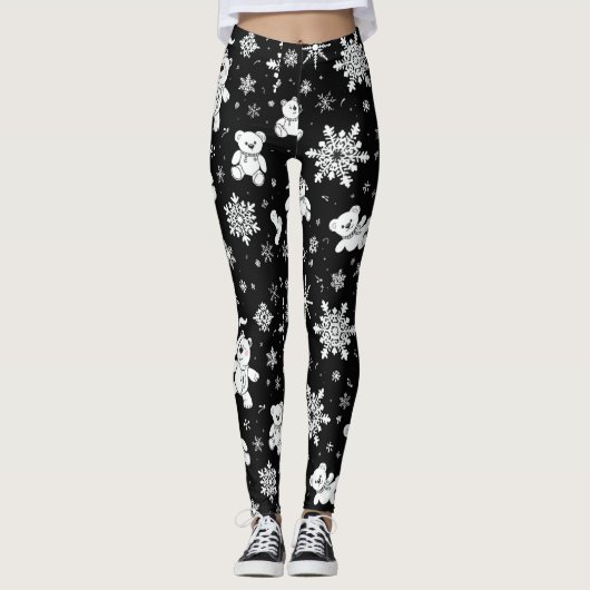 White Teddy Bear & Snowflake Seamless Pattern Leggings (Voorkant)