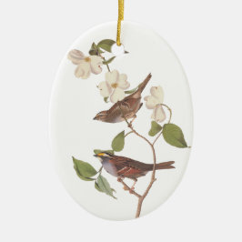White Throing Sparrow Oval Kerstannament Keramisch Ornament