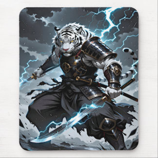 White Tiger Samurai Krijger Blauwe Bliksem Gaming Muismat
