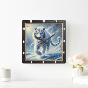 White Tiger Sneeuwscène Tijdstuk Vierkante Klok