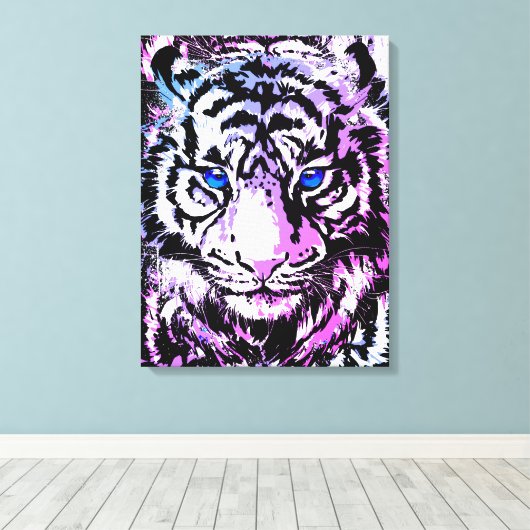 White Tiger Wrapped Canvas - Tijgerblauwe ogen (Insitu (Houten vloer))