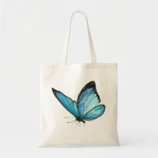 White Tote Bag with Blue Butterfly & Blue Flowe (Devant)
