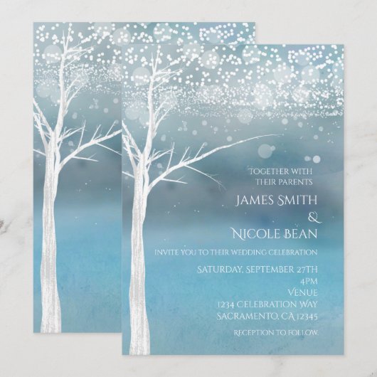 White Tree Winter Blue Elegant Wedding Invitation Kaart (Voorkant / Achterkant)