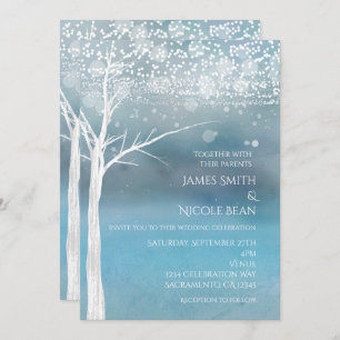 White Tree Winter Blue Elegant Wedding Invitation Kaart