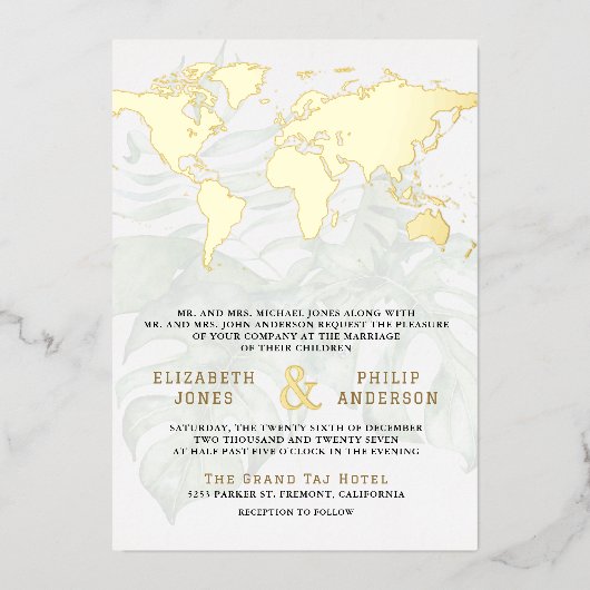 White Tropical Destination World Map Wedding Gold Folie Uitnodiging (Voorkant)