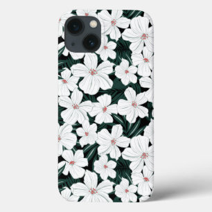 White Tropical Flowers Pattern iPhone 13 Hoesje