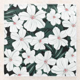 White Tropical Flowers Pattern Glazen Onderzetter
