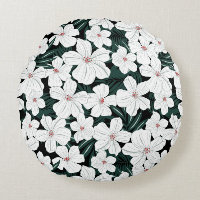 White Tropical Flowers Pattern Rond Kussen (Voorkant)