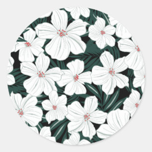 White Tropical Flowers Pattern Ronde Sticker