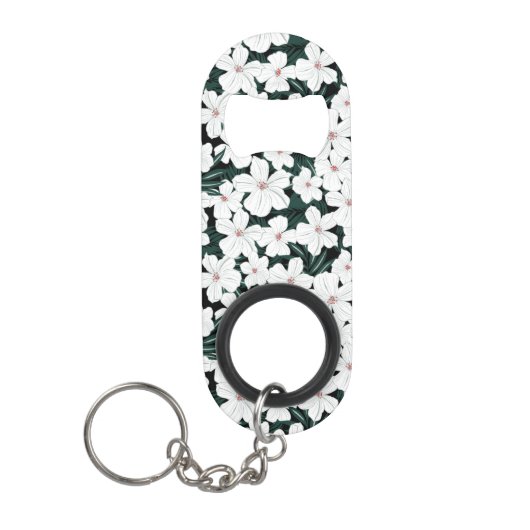 White Tropical Flowers Pattern Sleutelhanger Flessenopener (Voorkant)