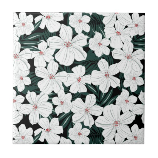 White Tropical Flowers Pattern Tegeltje (Voorkant)