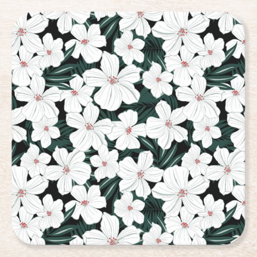 White Tropical Flowers Pattern Vierkante Kartonnen Onderzetter (Voorkant)