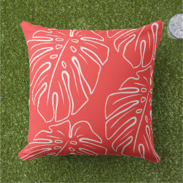 White Tropical Leaf Motif Coral Salmon Red Buitenkussen