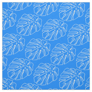 White Tropical Leaf Motif Mediterranean Blue Stof