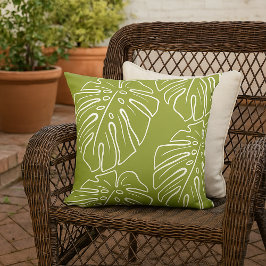 White Tropical Leaf Motif on Olive Green Buitenkussen