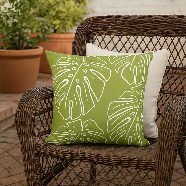 White Tropical Leaf Motif on Olive Green Buitenkussen (Creator heeft geüpload)