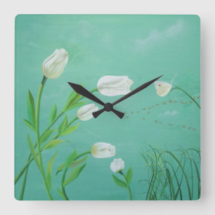 White Tulip Clock Vierkante Klok