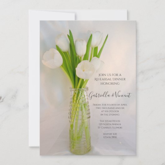 White Tulips Milk Bottle Weddenschap Rehearsal Din Kaart (Voorkant)