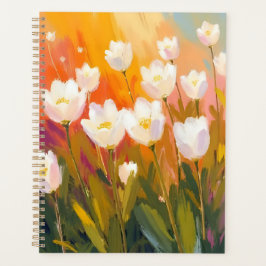 White Tulips Watercolor Flower Field Painting Planner
