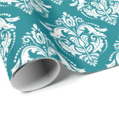 White & Turquoise Damask Pattern Cadeaupapier (Rol Hoek)