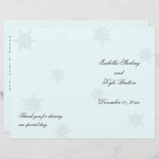 White/Turquoise Winter Snowflake Wedding Programme (Voorkant / Achterkant)