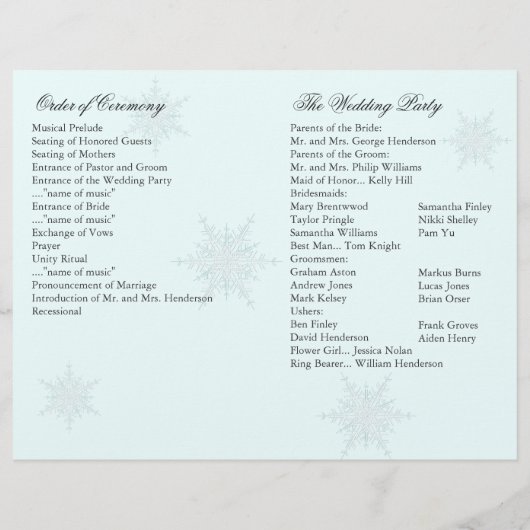 White/Turquoise Winter Snowflake Wedding Programme (Achterkant)