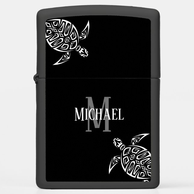 White Turtle Tribal Black Background Monogram (Voorkant)