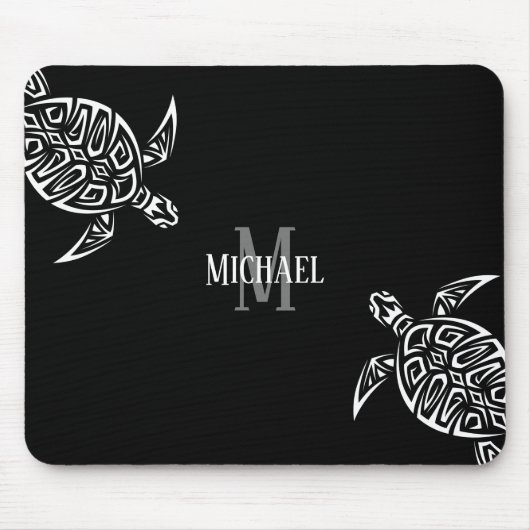 White Turtle Tribal Black Background Monogram Muismat (Voorkant)