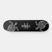 White Turtle Tribal Black Background Monogram Skateboard (Horizontaal)