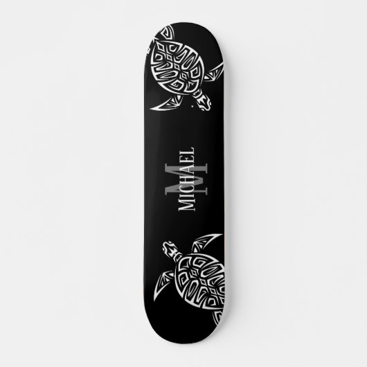 White Turtle Tribal Black Background Monogram Skateboard (Voorkant)