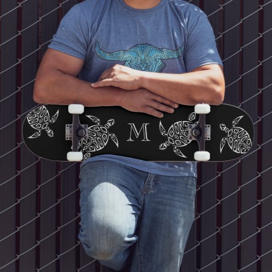 White Turtle Tribal Black Background Monogram Skateboard (Buiten 3)