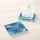 White Turtles Blue Ocean Waterverf Custom Text Glazen Onderzetter (Schuin)