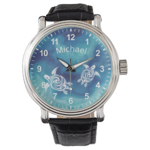 White Turtles in Blue Ocean Waterverf Jouw naam Horloge