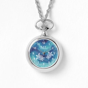 White Turtles in Blue Ocean Waterverf Monogram Horloge