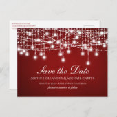White Twinkle String Lights Red Save the Date Briefkaart (Voorkant / Achterkant)
