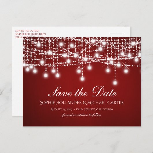 White Twinkle String Lights Red Save the Date Briefkaart (Voorkant / Achterkant)