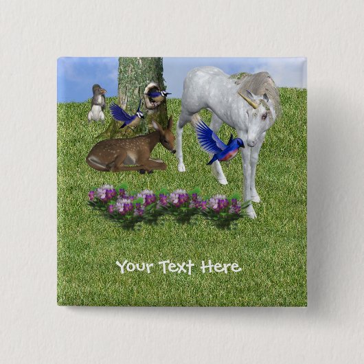 White Unicorn and Forest Friends Fantasy Button (Voorkant)