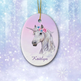 White Unicorn Floral Believe Keramisch Ornament
