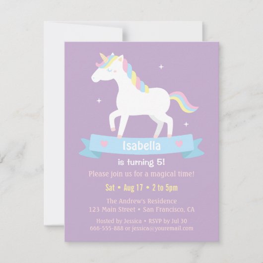 White Unicorn Girls Birthday Party Invitations (Devant)