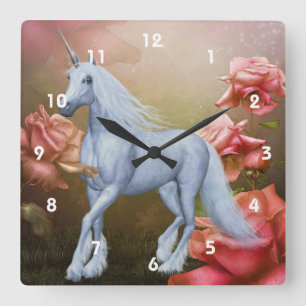 White Unicorn Horse Pink Roses Fantasy Vierkante Klok