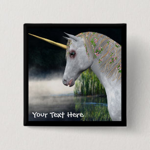 White Unicorn in Mist Fantasy Button
