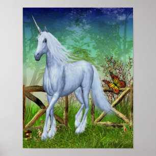 White Unicorn Woodland Gate Fantasy Horse Art Poster