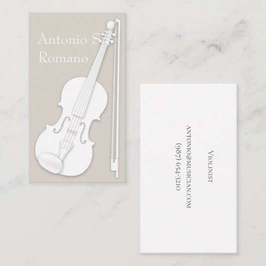 White Violin & Bow Enkelvoudig Elegant String Play Visitekaartje (Voorkant / Achterkant)