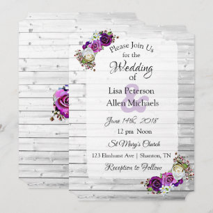 White Washed Wood Purple Roses invitations de mari