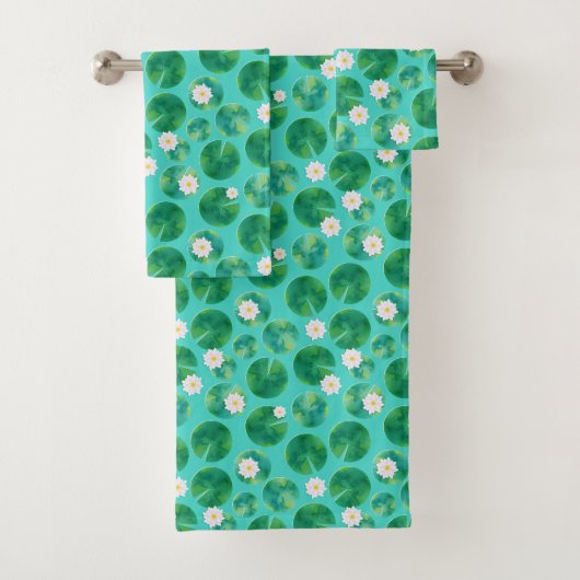 White Water Lily Flowers & Lily Pad Pattern Bad Handdoek (Insitu)