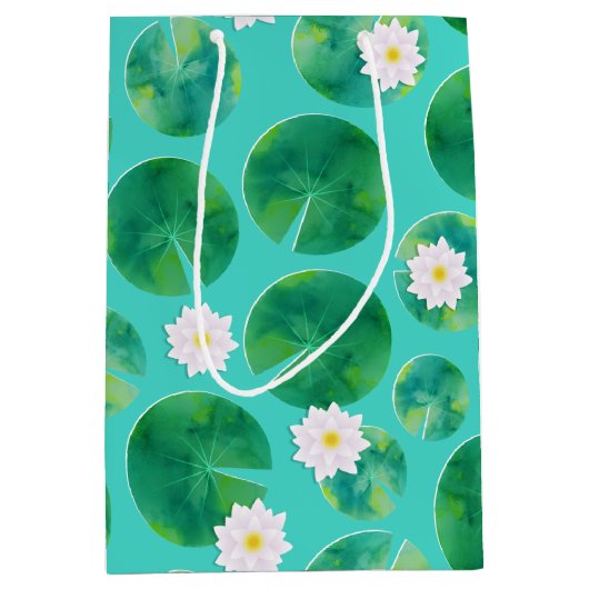 White Water Lily Flowers & Lily Pad Pattern Medium Cadeauzakje (Voorkant)