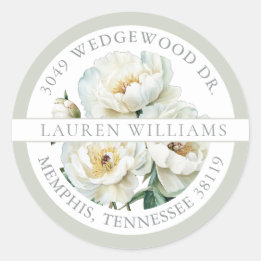 White Watercolor Peonies Feminine Return Address Ronde Sticker