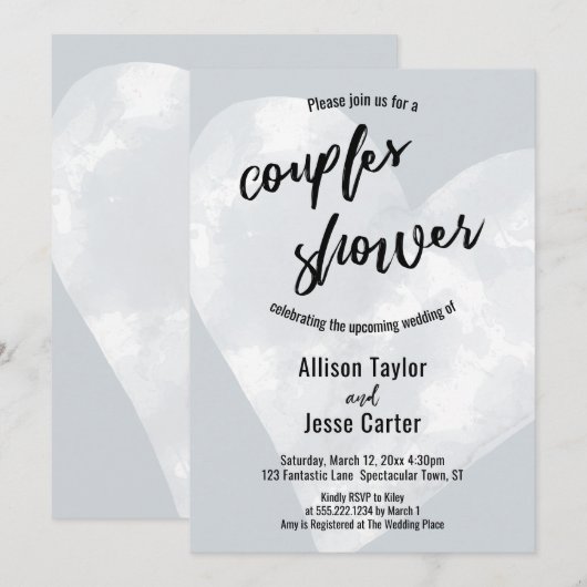 White Waterverf Heart Light Grey Couples Shower Kaart (Voorkant / Achterkant)